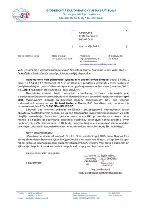 Oznámenie o vykonávaní geodetických činností na štátnej hranici na území obce Obid